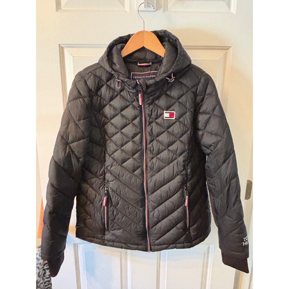 Tommy Hilfiger Womens Black Quilted Puffer Jacket Hooded Sorona Large 1506135